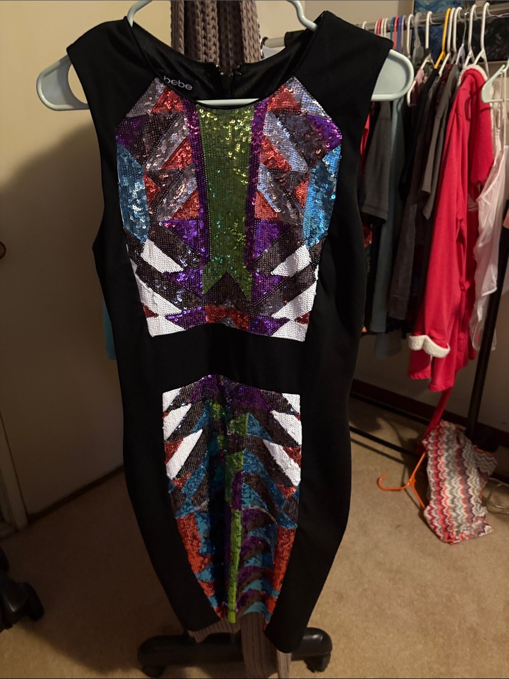 bebe Black Midi Dress with Multicolor Sequin Geo Panels